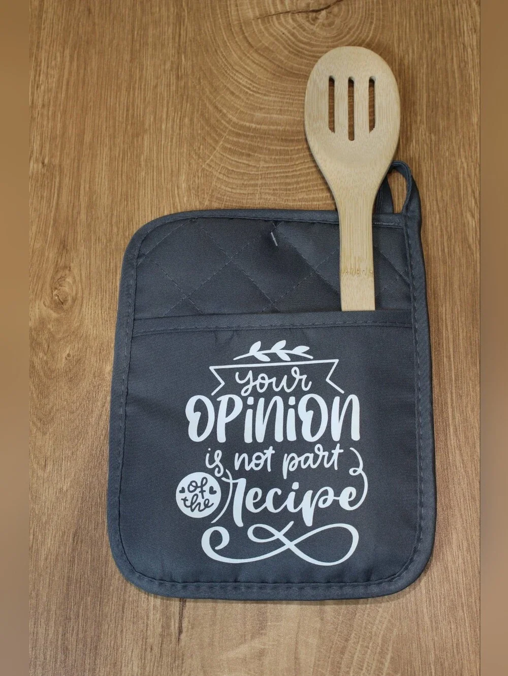 Handmade Gray Kitchen Potholder With Wooden Spoon